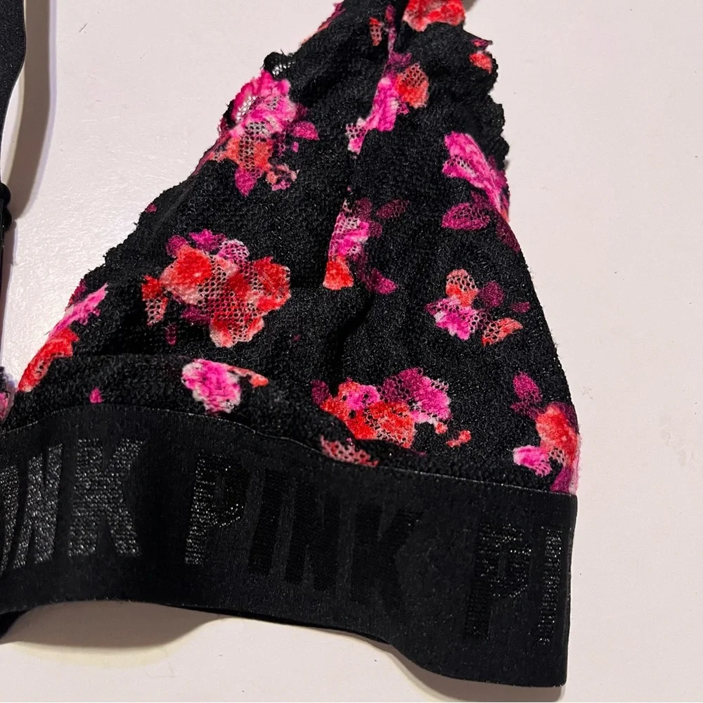 PINK Victoria Secret Black Pink Rose Floral Halter Neck Bralette Bra Small